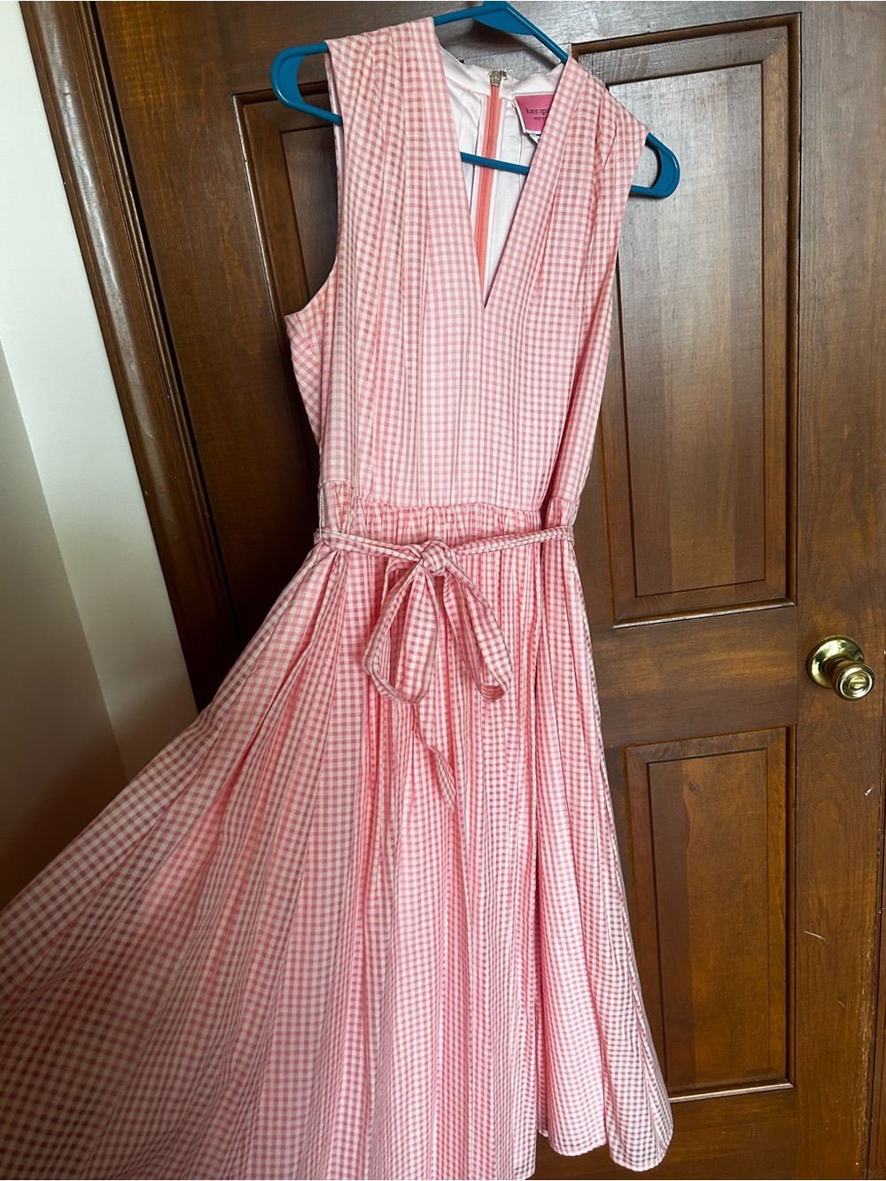 kate spade Pink Gingham Sleeveless V-Neck Tie-Waist Midi Dress - Picture 3 of 5